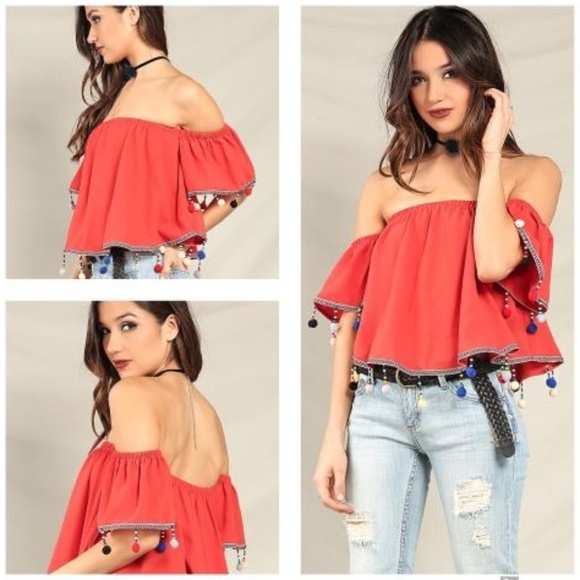 love J Tops - Love J Pompom Off the Shoulder Orange Boho Top